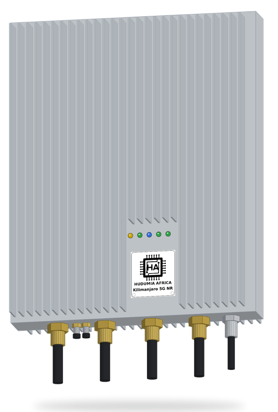 Kilimanjaro 5G NR radio unit: finned outdoor enclosure with the product badge and four antenna connectors